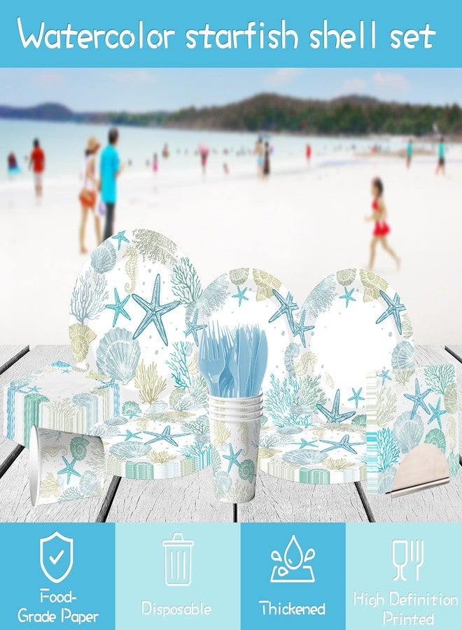 Peghoqu Ocean Seashell Beach Plates and Napkin Coastal Beach Party Supplies Blue Starfish Seashell Coral Themed Disposable Tableware Cups Forks for Kids Summer Birthday Party Decorations, Serves 24 - Image 2