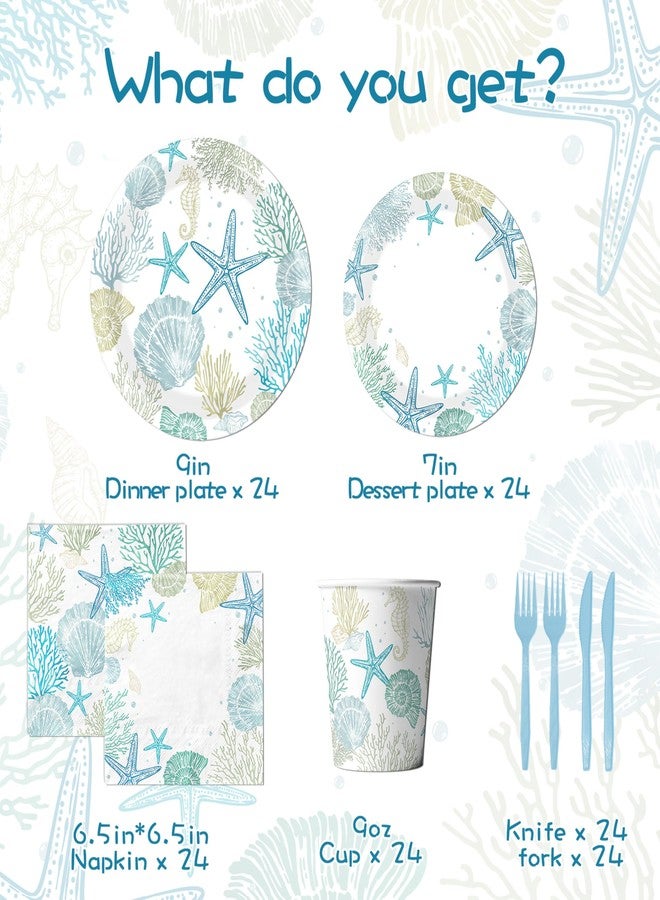 Peghoqu Ocean Seashell Beach Plates and Napkin Coastal Beach Party Supplies Blue Starfish Seashell Coral Themed Disposable Tableware Cups Forks for Kids Summer Birthday Party Decorations, Serves 24 - Image 4