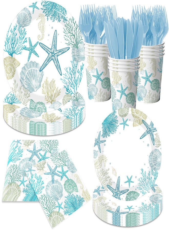 Peghoqu Ocean Seashell Beach Plates and Napkin Coastal Beach Party Supplies Blue Starfish Seashell Coral Themed Disposable Tableware Cups Forks for Kids Summer Birthday Party Decorations, Serves 24 - Image 1