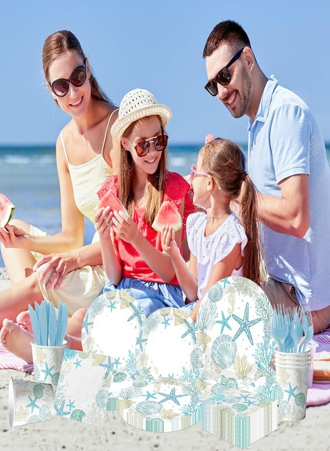 Peghoqu Ocean Seashell Beach Plates and Napkin Coastal Beach Party Supplies Blue Starfish Seashell Coral Themed Disposable Tableware Cups Forks for Kids Summer Birthday Party Decorations, Serves 24 - Image 5