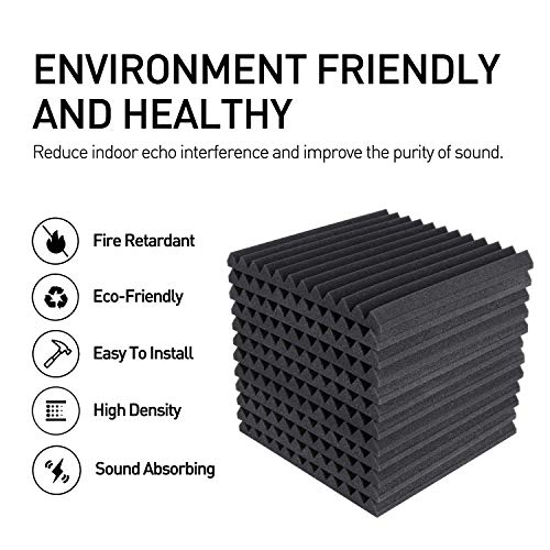 Focusound 24 Pack Black Grey Acoustic Foam Panels 1" x 12" x 12" Sound Proof Foam Panles Soundproofing Noise Cancelling Wedge Panels for Home Office Recoding Studio with 240PCS Double-Side Adhesive - Image 3