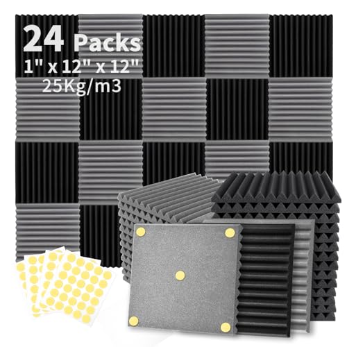 Focusound 24 Pack Black Grey Acoustic Foam Panels 1" x 12" x 12" Sound Proof Foam Panles Soundproofing Noise Cancelling Wedge Panels for Home Office Recoding Studio with 240PCS Double-Side Adhesive - Image 1