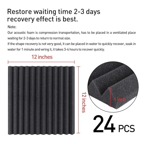 Focusound 24 Pack Black Grey Acoustic Foam Panels 1" x 12" x 12" Sound Proof Foam Panles Soundproofing Noise Cancelling Wedge Panels for Home Office Recoding Studio with 240PCS Double-Side Adhesive - Image 5
