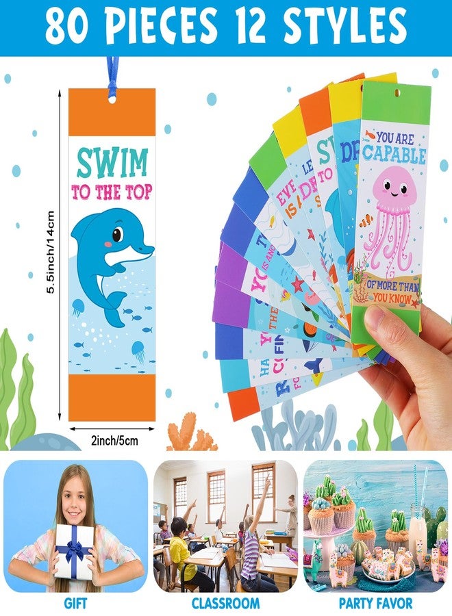 Jetec 80 Pcs Under The Sea Bookmark Inspirational Ocean Animals Fish Turtle Bookmark with Ribbon Motivational Sea Life Page Clips for Summer Classroom Back to School Gifts - Image 2