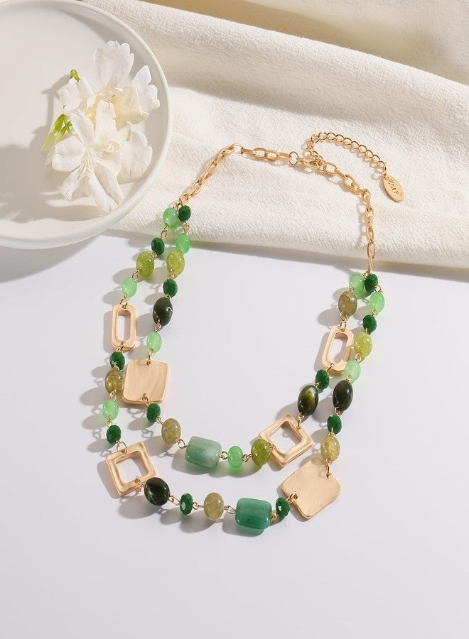 Bocar Collar Beaded Chian Necklace Geometry 2 Strand Layer Statement Jewelry Women Gift (NK-10744-Green) - Image 4