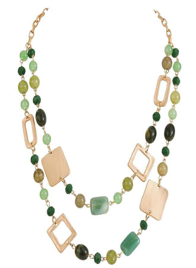 Bocar Collar Beaded Chian Necklace Geometry 2 Strand Layer Statement Jewelry Women Gift (NK-10744-Green) - Image 1