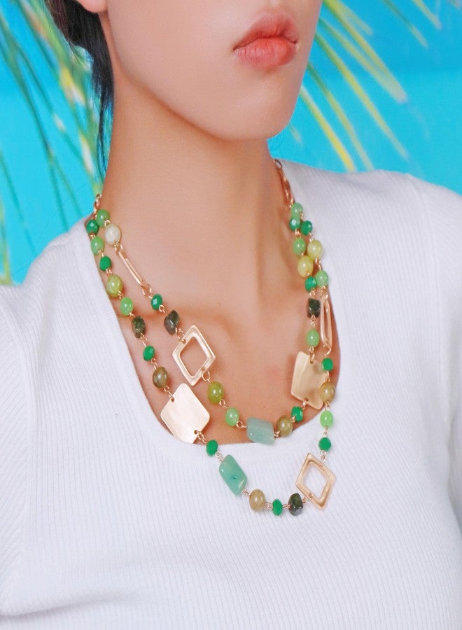 Bocar Collar Beaded Chian Necklace Geometry 2 Strand Layer Statement Jewelry Women Gift (NK-10744-Green) - Image 2