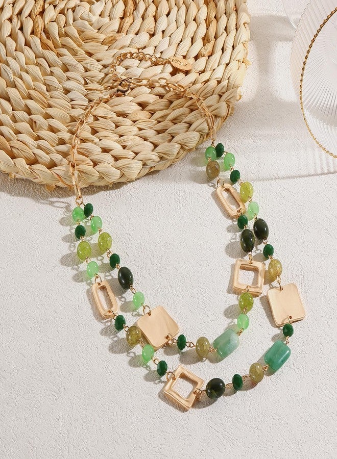 Bocar Collar Beaded Chian Necklace Geometry 2 Strand Layer Statement Jewelry Women Gift (NK-10744-Green) - Image 3