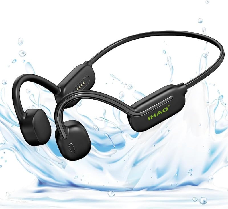 IHAO سماعات IHAO للسباحة، سماعات رأس بتوصيل عظمي حقيقي، سماعات مفتوحة الأذن، مشغل MP3، ذاكرة مدمجة 32 جيجابايت، مقاومة للماء تحت الماء IP68، سماعات بلوتوث ستيريو للقيادة وركوب الدراجات والجري والتزلج - أسود - Image 1
