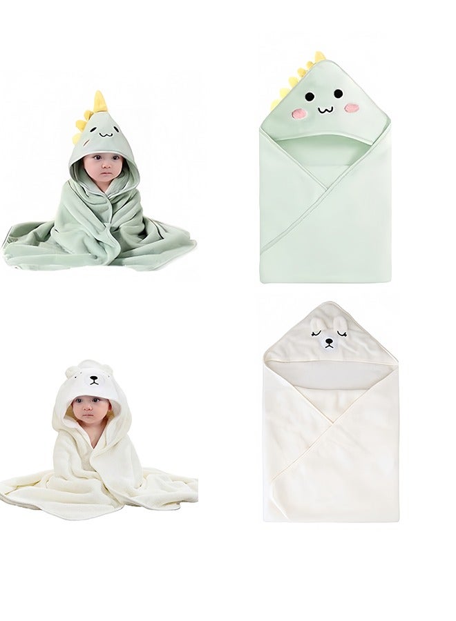 2 Pack Baby Hooded Towels – Coral Fleece with White Bear and Green Dinosaur Hoods, 80x80cm, Soft and Absorbent  - Image 1