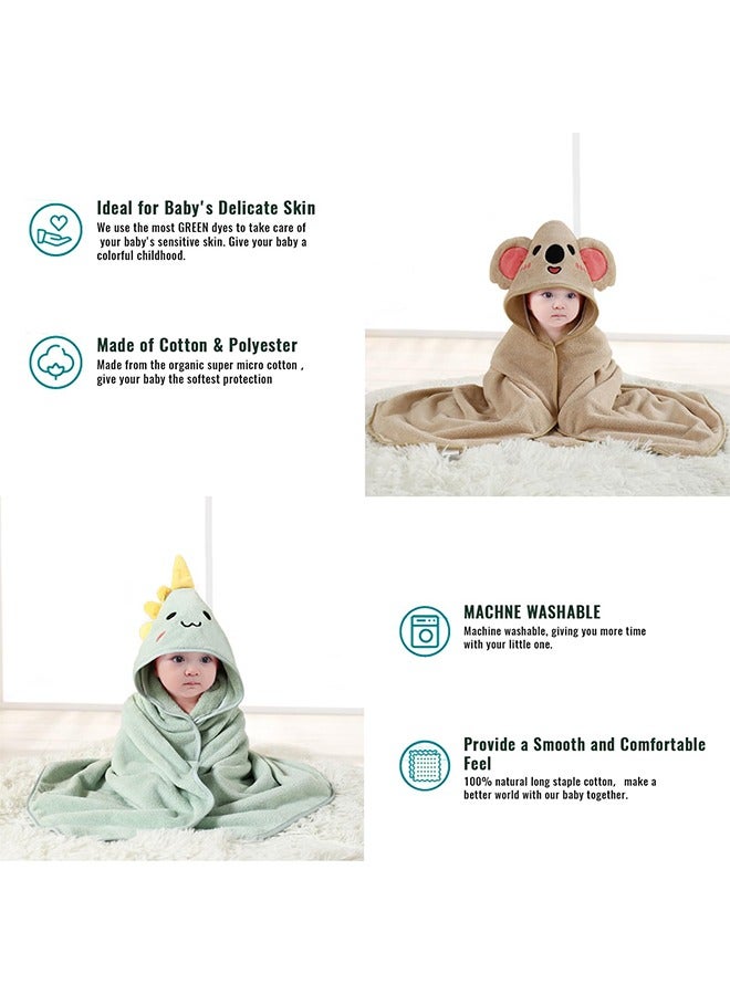 2 Pack Baby Hooded Towels – Coral Fleece with White Bear and Green Dinosaur Hoods, 80x80cm, Soft and Absorbent  - Image 4