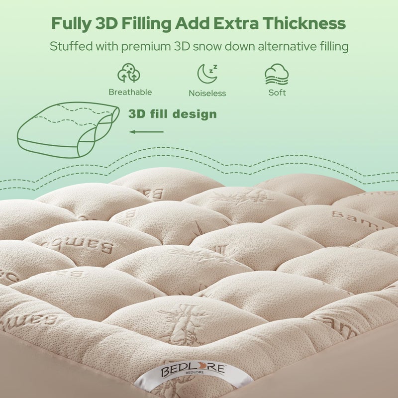BEDLORE Twin XL Mattress Topper Viscose Derived from Bamboo, Thick Pillow Top Mattress Pad with Deep Pockets for 6-15 inches Mattress, Soft Mattress Topper College Dorm Size for Back Pain(Beige) - Image 5