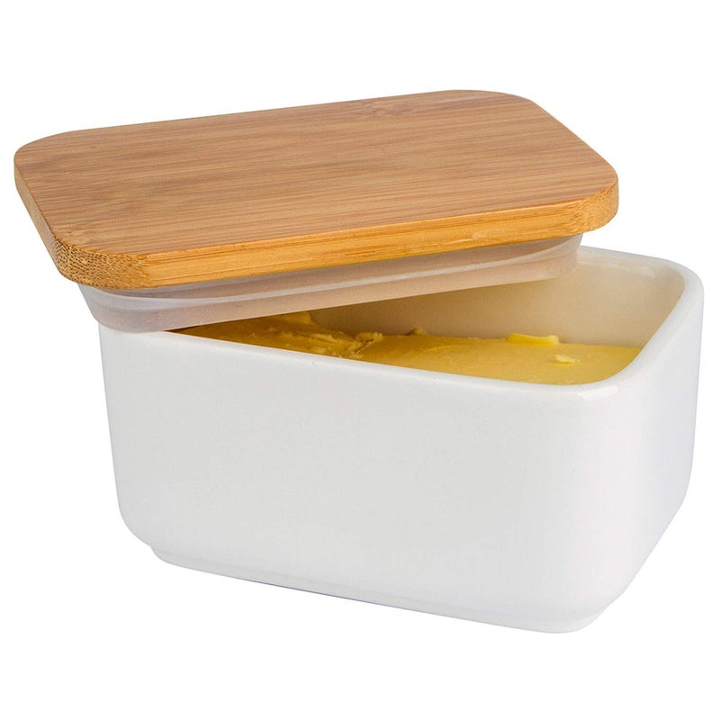 Arswin Porcelain Butter Dish with LidCeramic Butter Dish with Bamboo LipButter Keeper Container with Cover for Countertop or RefrigeratorHeat Resistant Kitchen Butter Storage DishWhite 300ml