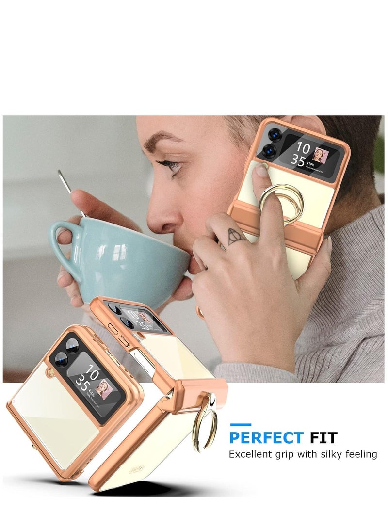 Case for Samsung Galaxy Z Flip 4 with Ring Holder, Magnetic Hinge Protection, Ultra Slim Crystal Case Plating Protective Cover Built-in Back Screen Protector for Galaxy Z Flip 4 (Z Flip 4, Gold) - Image 2