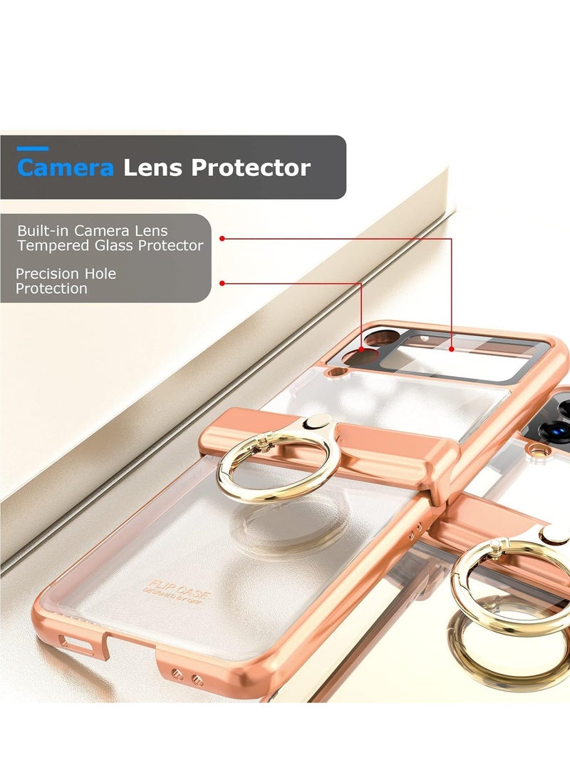 Case for Samsung Galaxy Z Flip 4 with Ring Holder, Magnetic Hinge Protection, Ultra Slim Crystal Case Plating Protective Cover Built-in Back Screen Protector for Galaxy Z Flip 4 (Z Flip 4, Gold) - Image 4