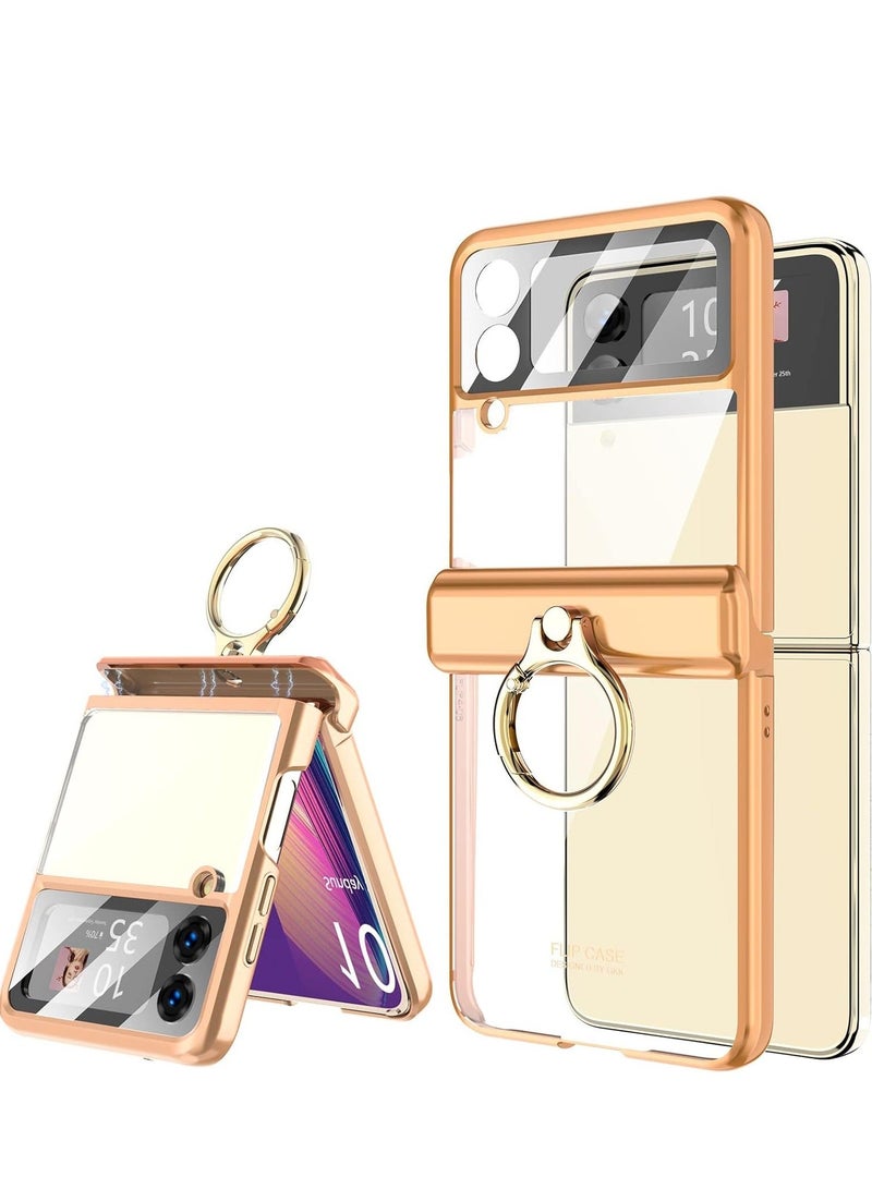 Case for Samsung Galaxy Z Flip 4 with Ring Holder, Magnetic Hinge Protection, Ultra Slim Crystal Case Plating Protective Cover Built-in Back Screen Protector for Galaxy Z Flip 4 (Z Flip 4, Gold) - Image 1