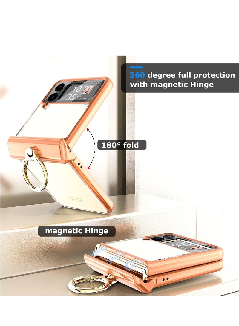 Case for Samsung Galaxy Z Flip 4 with Ring Holder, Magnetic Hinge Protection, Ultra Slim Crystal Case Plating Protective Cover Built-in Back Screen Protector for Galaxy Z Flip 4 (Z Flip 4, Gold) - Image 5