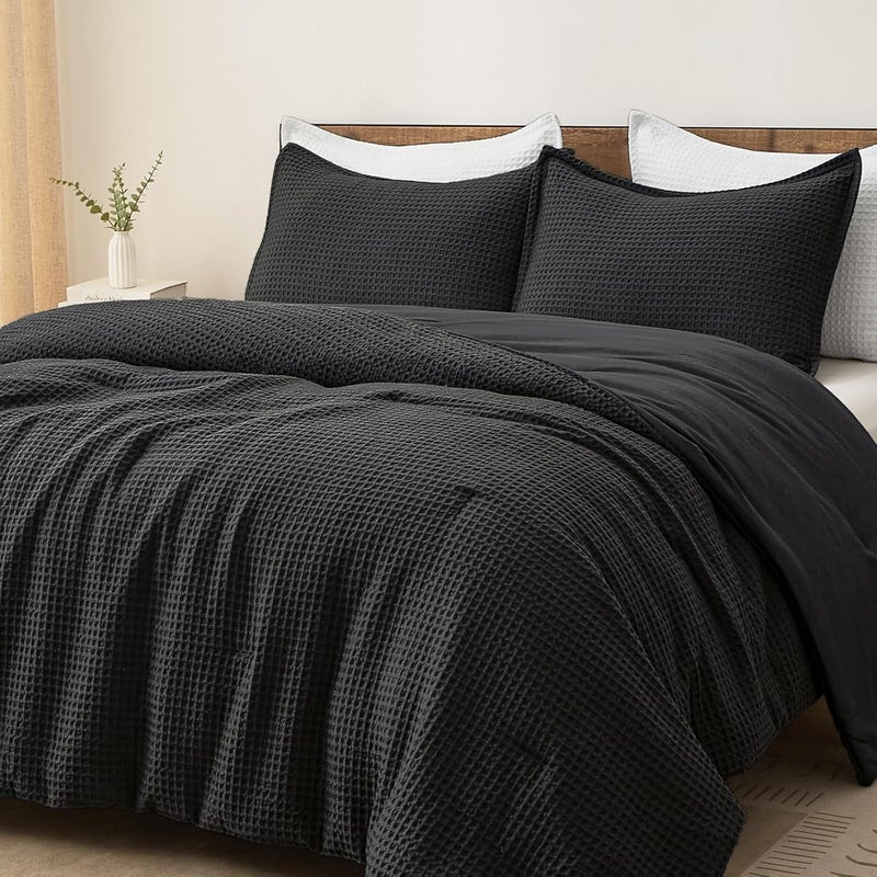 PHF Ultra Soft Waffle Weave 3 Pieces Comforter Set King Size, Lightweight Breathable Comfy Textured, Includes 1 Comforter (275cm x 230cm) with 2 Pillow Shams (50 cm x 90 cm), Black - Image 1