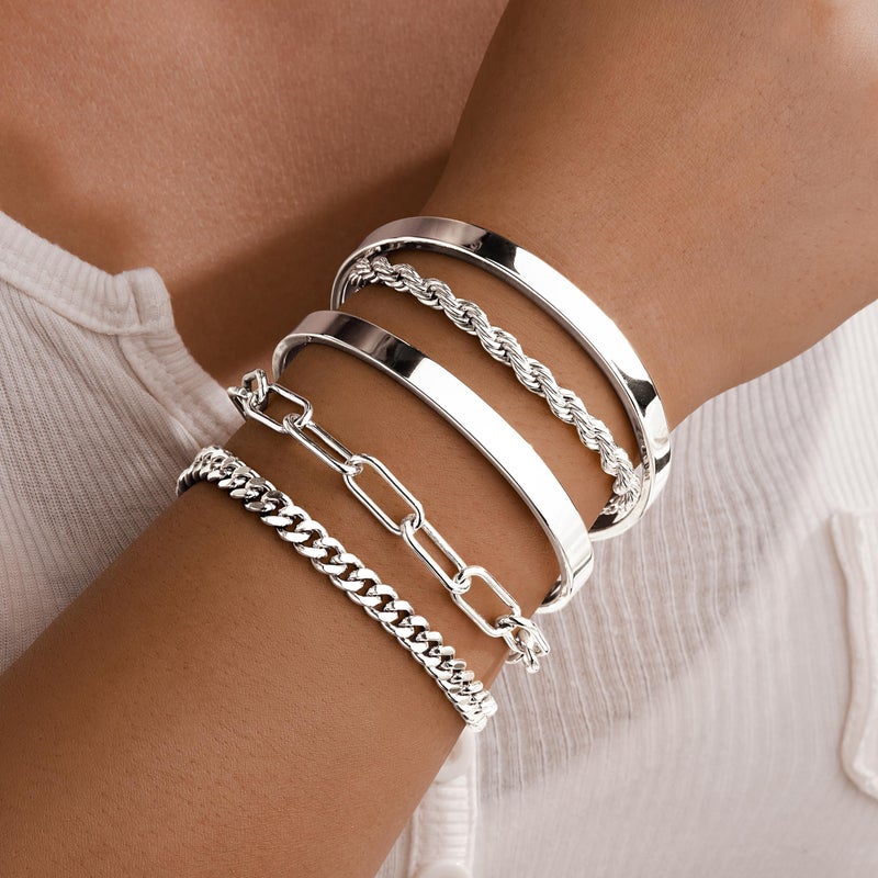 Gokeey Chunky Silver Bracelets for Womenc Trendy, Silver Cuff Bracelet Non Tarnish Rope Cable Paperclip Cuban Link Chain Bangle Bracelet Set Jewelry - Image 2