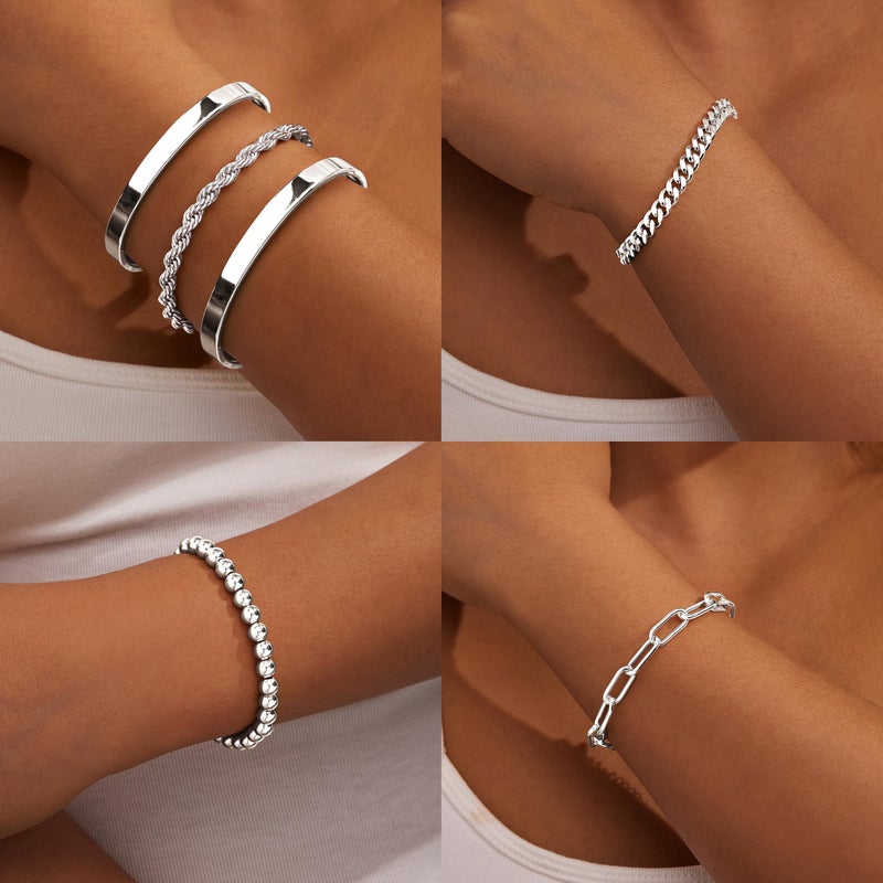 Gokeey Chunky Silver Bracelets for Womenc Trendy, Silver Cuff Bracelet Non Tarnish Rope Cable Paperclip Cuban Link Chain Bangle Bracelet Set Jewelry - Image 4