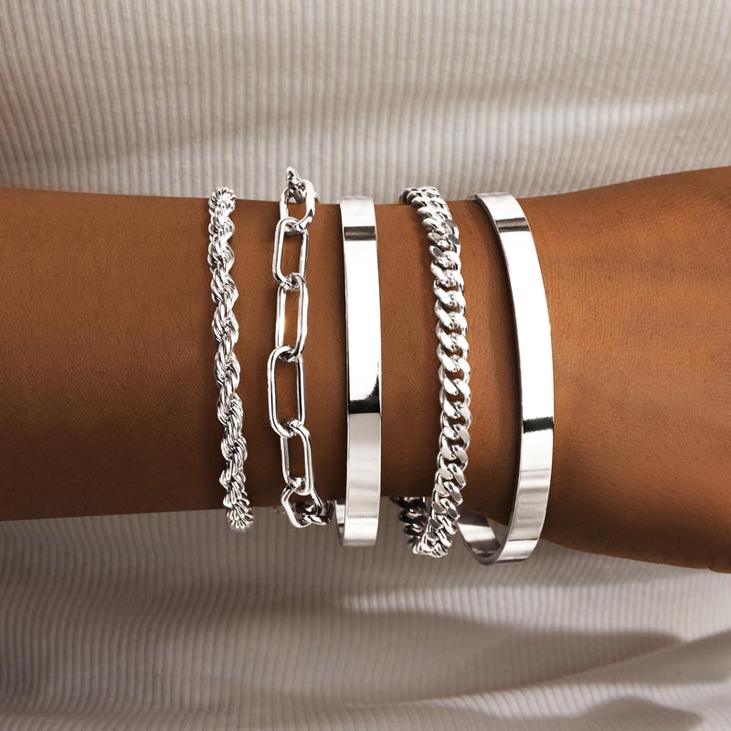 Gokeey Chunky Silver Bracelets for Womenc Trendy, Silver Cuff Bracelet Non Tarnish Rope Cable Paperclip Cuban Link Chain Bangle Bracelet Set Jewelry - Image 5