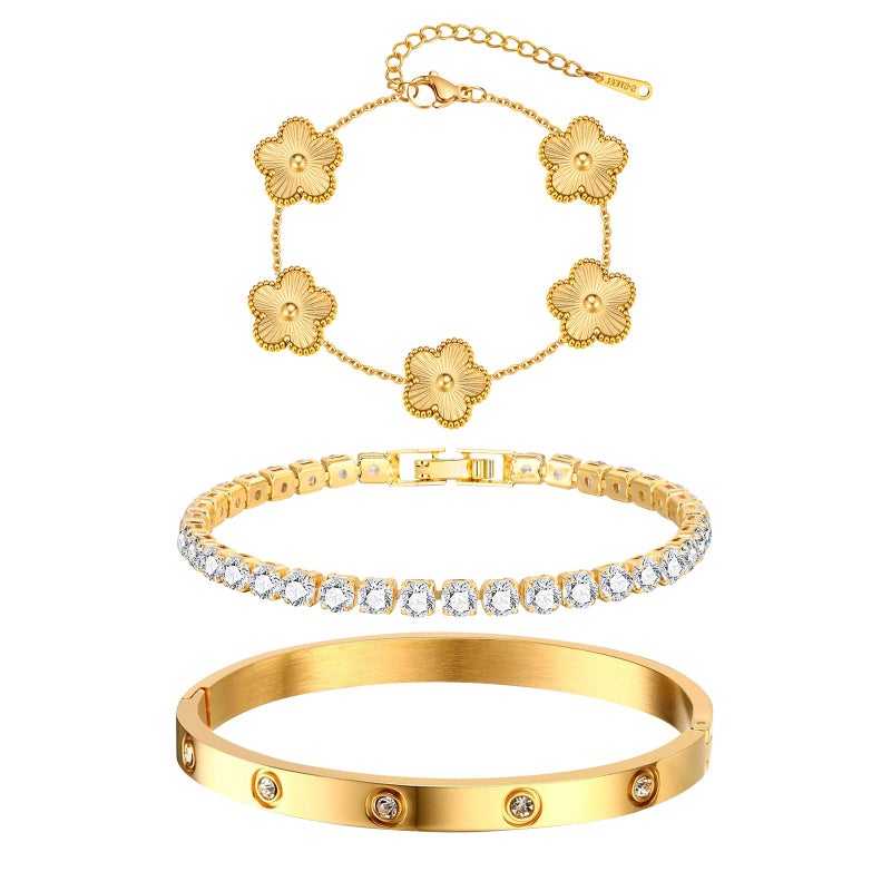 MPRAINBOW Womens Stackable Floral Gold Bracelets - 3Pcs 18K Gold Plated Bracelet,Stainless Steel Bangle Bracelets Non Tarnish, Bracelet Set Trendy Jewelry,Christmas Valentines Birthday Gifts for Girlfriend - Image 1