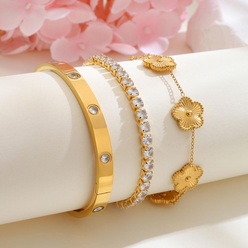 MPRAINBOW Womens Stackable Floral Gold Bracelets - 3Pcs 18K Gold Plated Bracelet,Stainless Steel Bangle Bracelets Non Tarnish, Bracelet Set Trendy Jewelry,Christmas Valentines Birthday Gifts for Girlfriend - Image 4