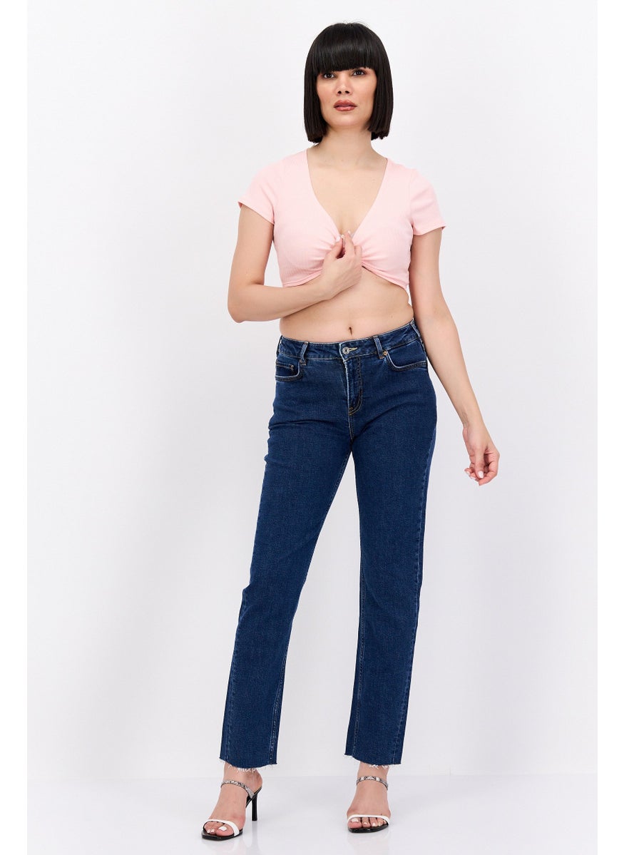 MONKI Women Surplice Neck Short Sleeve Ribbed Blouse, Pink  - Image 4