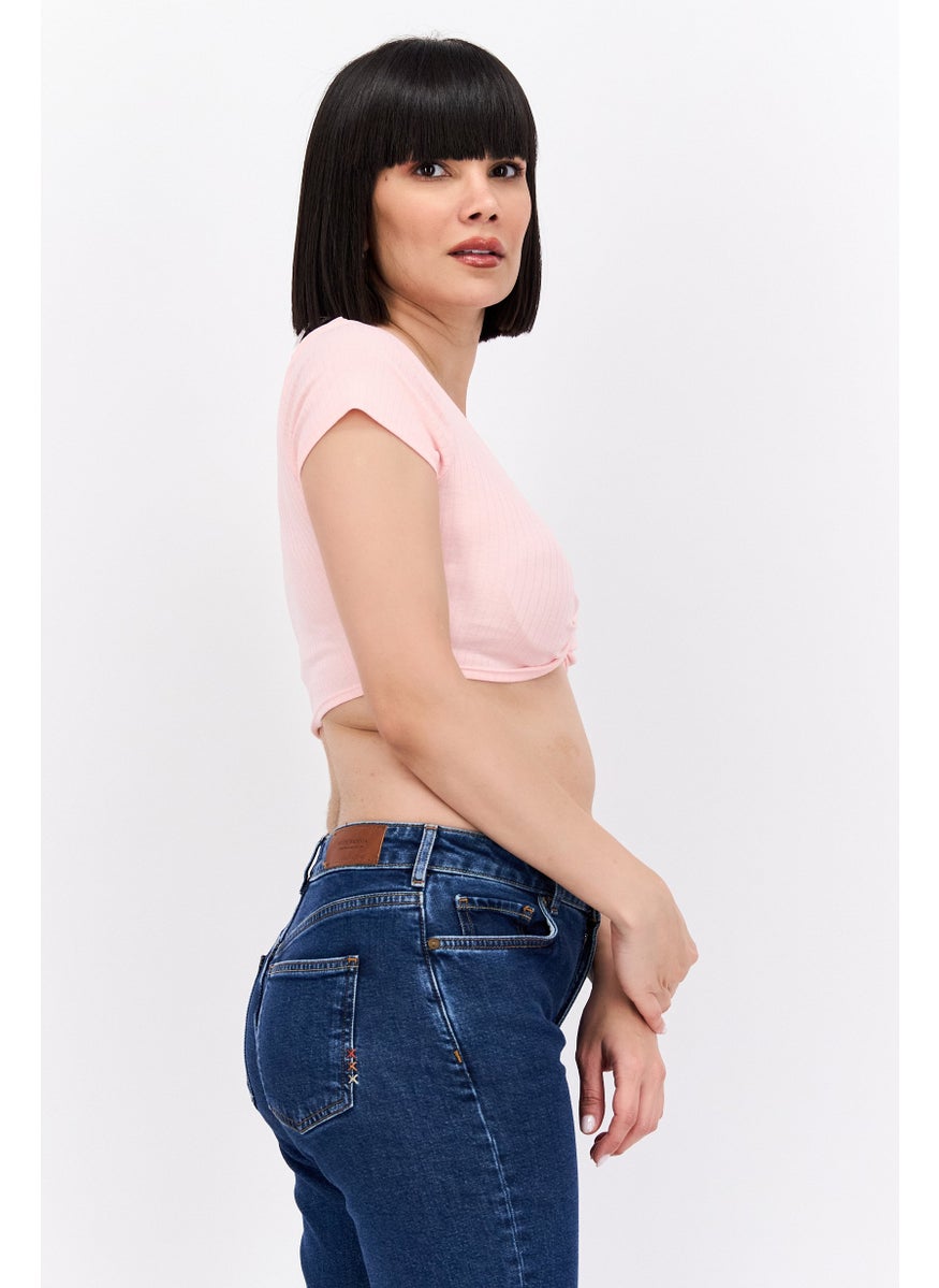 MONKI Women Surplice Neck Short Sleeve Ribbed Blouse, Pink  - Image 2