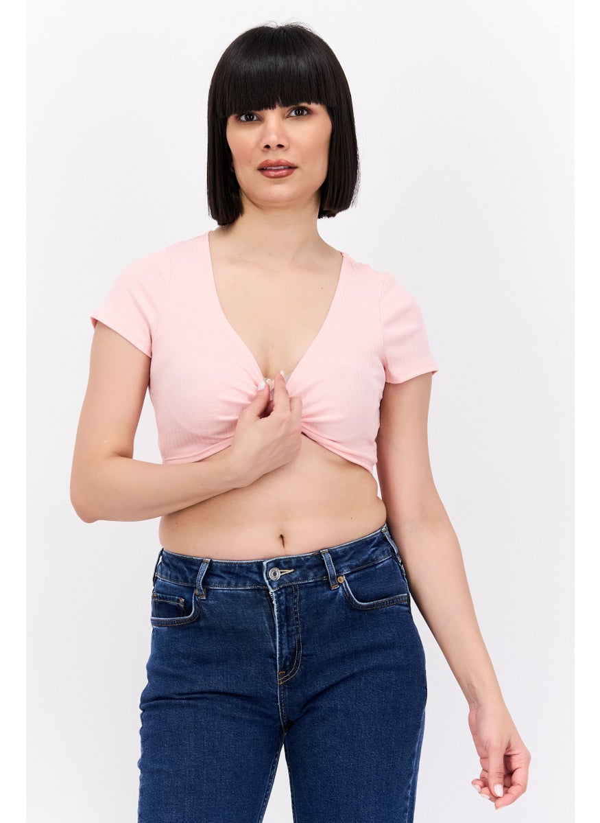 MONKI Women Surplice Neck Short Sleeve Ribbed Blouse, Pink  - Image 1