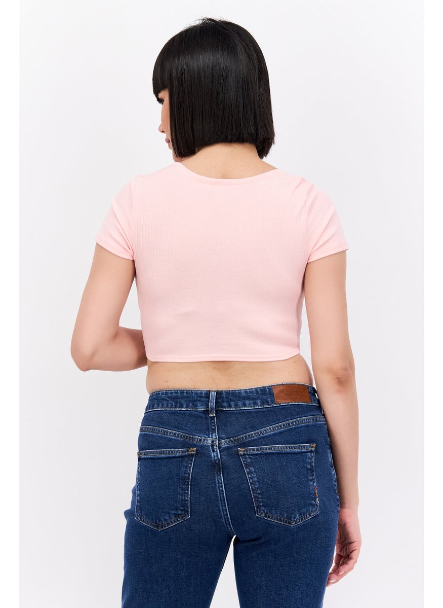 MONKI Women Surplice Neck Short Sleeve Ribbed Blouse, Pink  - Image 3