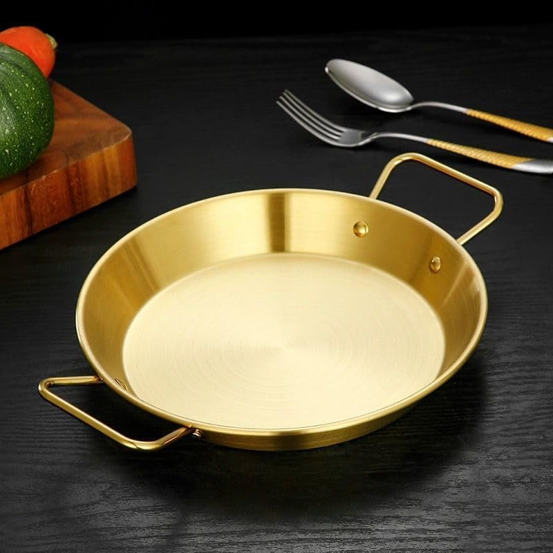 Gold stainless steel pan for cooking and serving food with two handles (28 cm) - Image 1