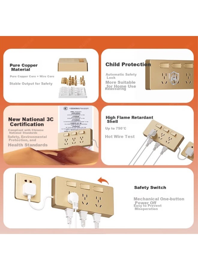 Oaks Aux Extension Socket With Power Cord Multi-function Bedroom Wall Expansion Conversion Socket Kitchen Plug-in Power Strip Left Wiring Gold - Image 3