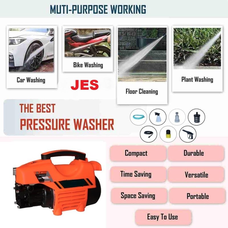 JES High Pressure Washer 1800 Watts 120 Bars 65LMin Flow Rate 8 Meters Outlet Hose Portable for Car Bike and Home Cleaning Purpose Color Black Orange - Image 5