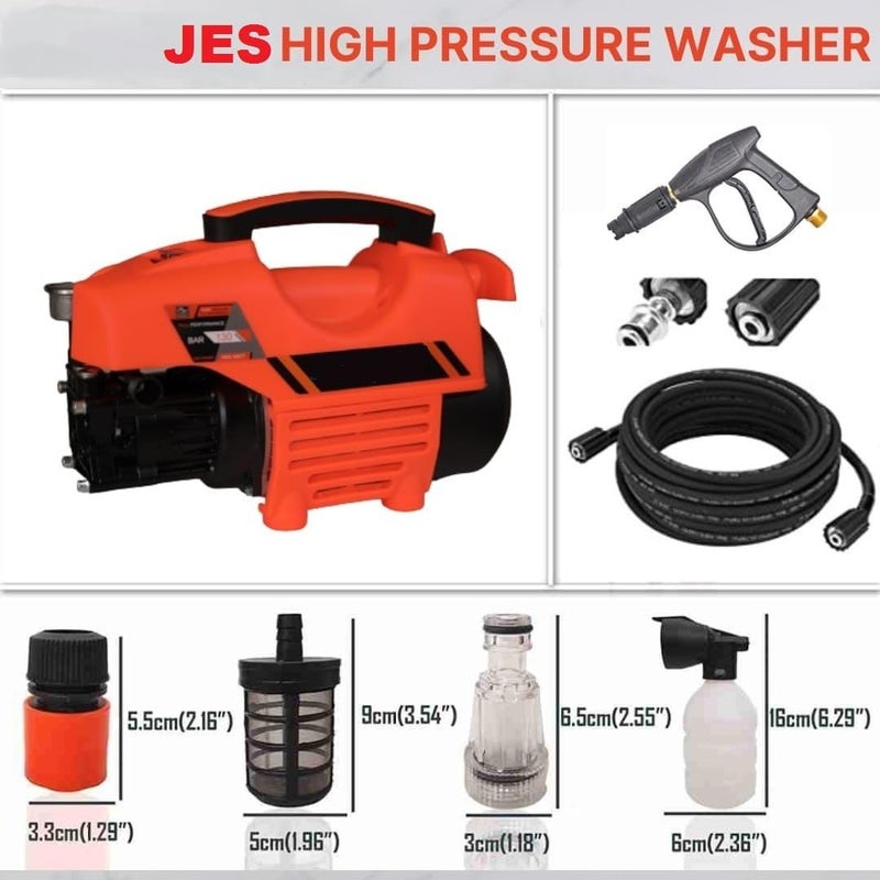 JES High Pressure Washer 1800 Watts 120 Bars 65LMin Flow Rate 8 Meters Outlet Hose Portable for Car Bike and Home Cleaning Purpose Color Black Orange - Image 4