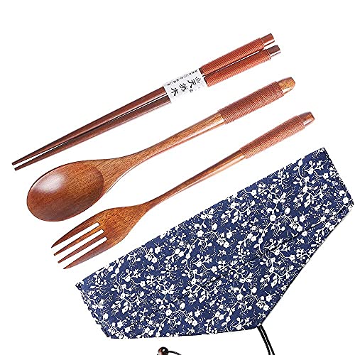 Iktu 3Pcs Reusable Bamboo Wooden Cutlery Set - Portable, Flatware Gift Set With Pouch, Brown Thread - Image 4
