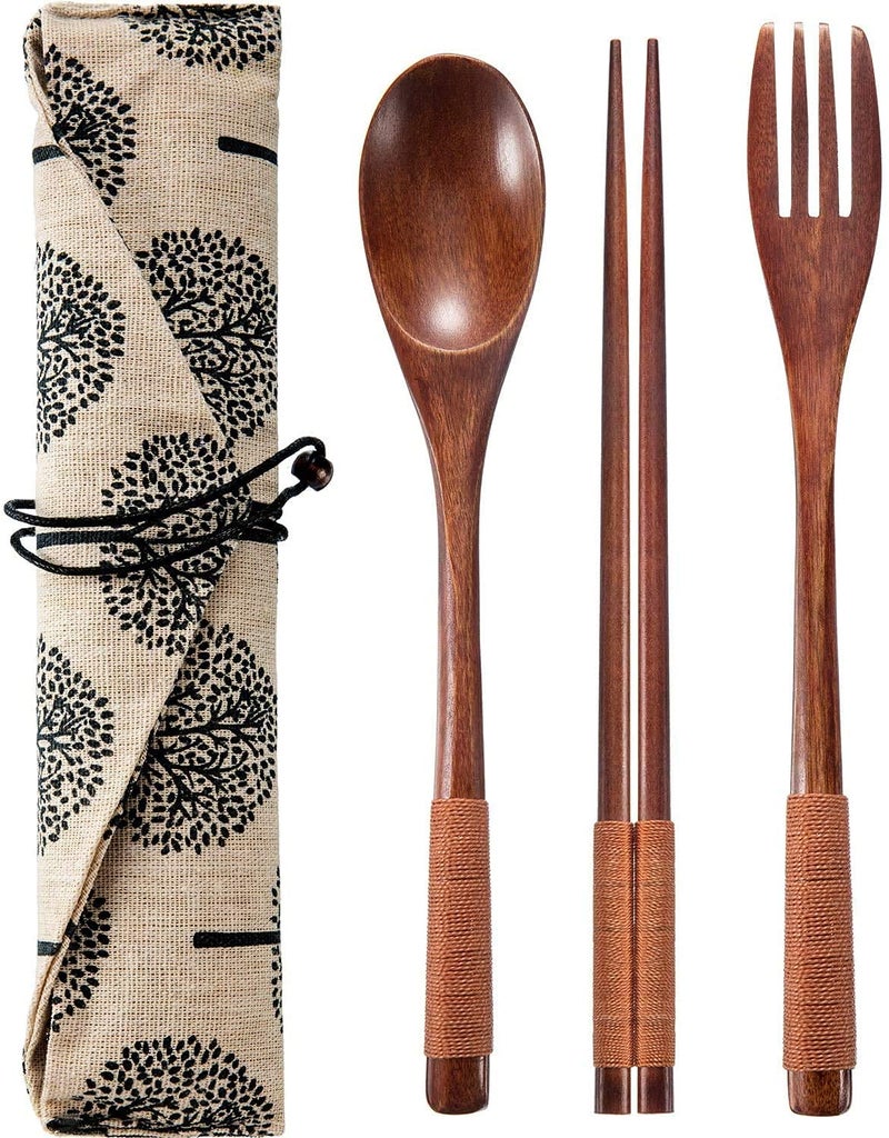 Iktu 3Pcs Reusable Bamboo Wooden Cutlery Set - Portable, Flatware Gift Set With Pouch, Brown Thread - Image 1