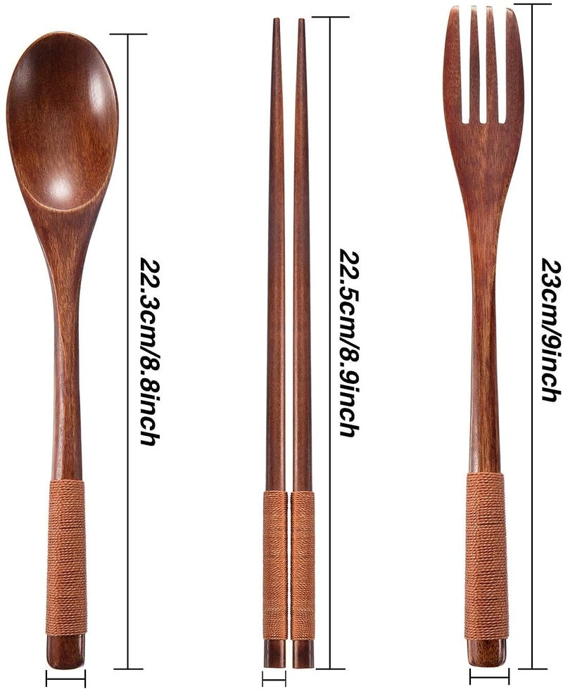 Iktu 3Pcs Reusable Bamboo Wooden Cutlery Set - Portable, Flatware Gift Set With Pouch, Brown Thread - Image 3