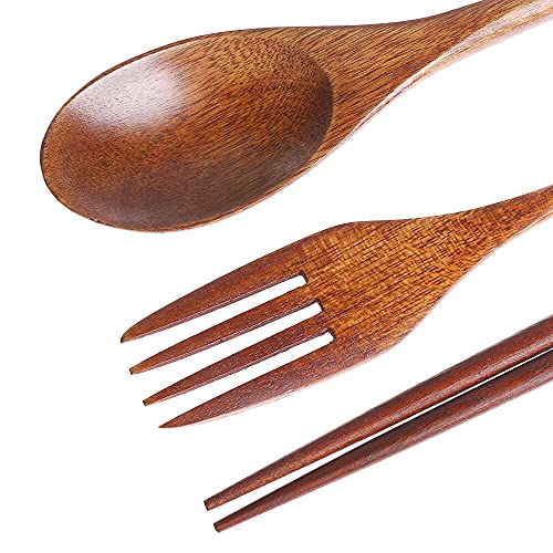 Iktu 3Pcs Reusable Bamboo Wooden Cutlery Set - Portable, Flatware Gift Set With Pouch, Brown Thread - Image 2