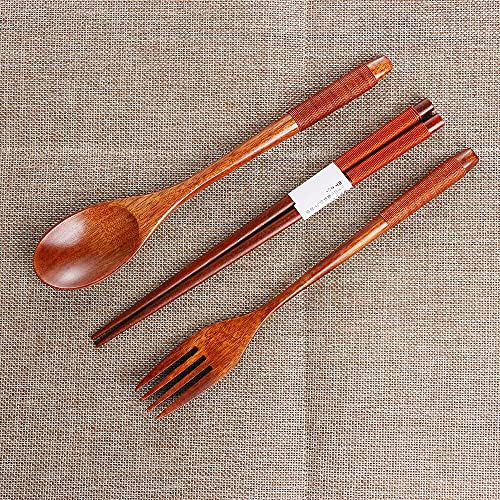 Iktu 3Pcs Reusable Bamboo Wooden Cutlery Set - Portable, Flatware Gift Set With Pouch, Brown Thread - Image 5