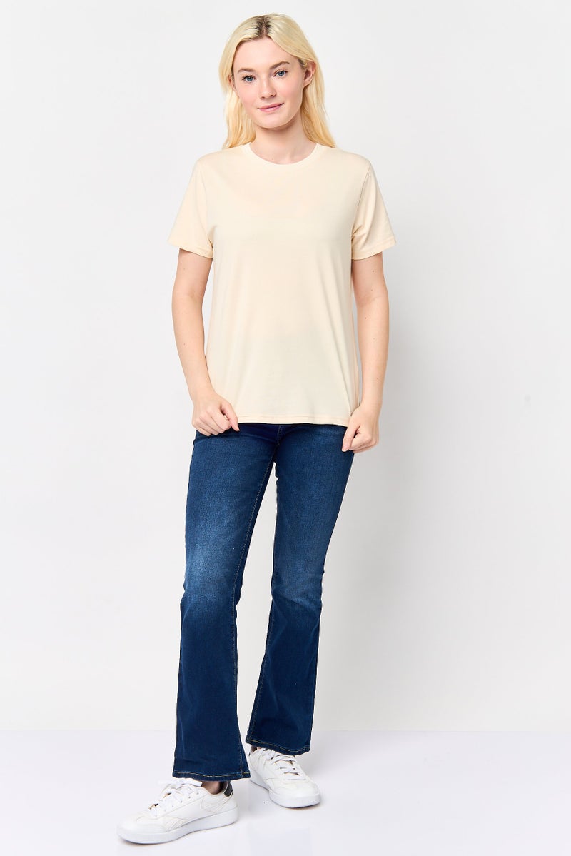 Fudo Comforts by Fudo Women Crew Neck Short Sleeve Solid T-Shirt, Light Beige - Image 2
