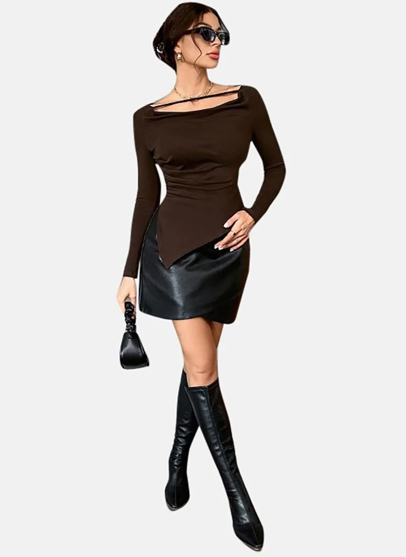 YUNIQEE Brown Solid Slim Fit Long Sleeve Top