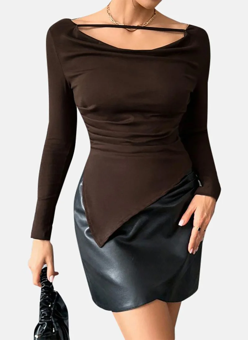 YUNIQEE Brown Solid Slim Fit Long Sleeve Top
