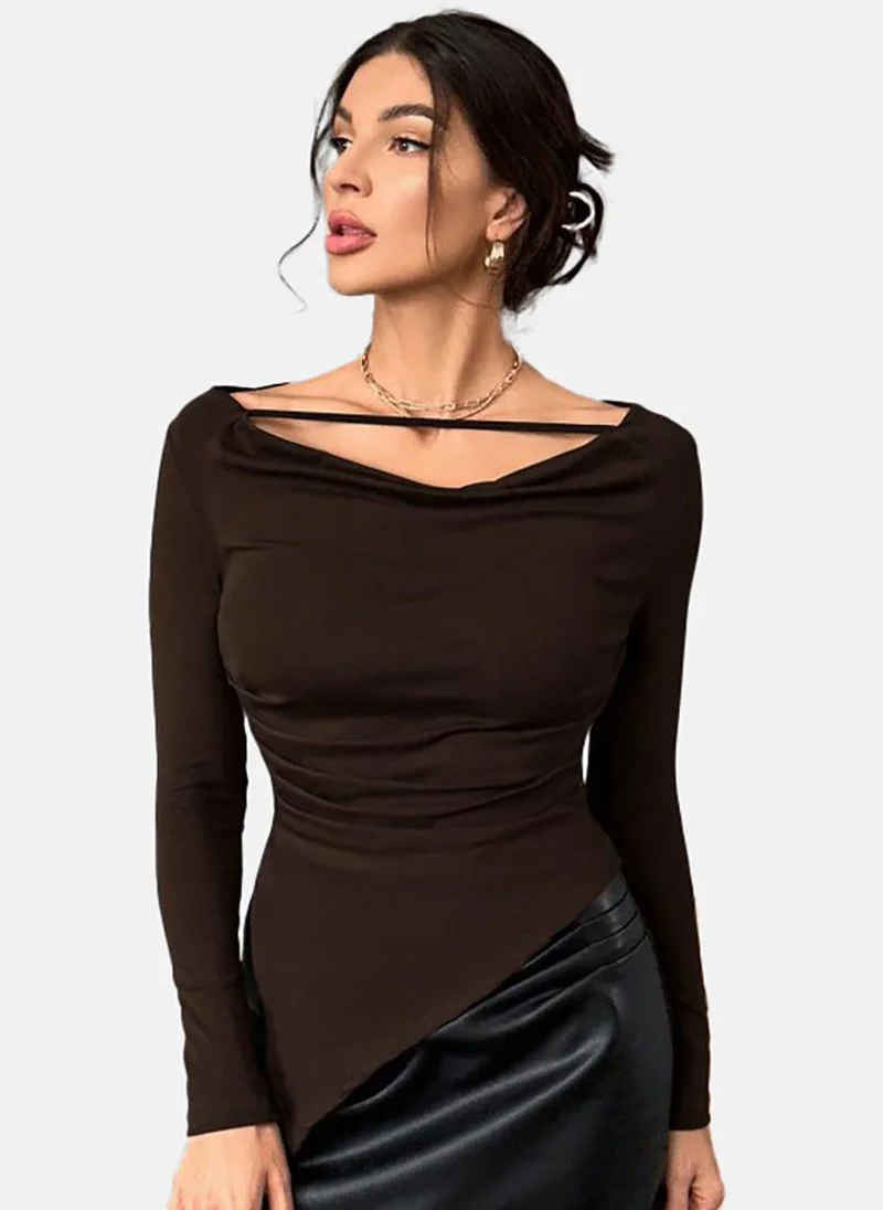 YUNIQEE Brown Solid Slim Fit Long Sleeve Top