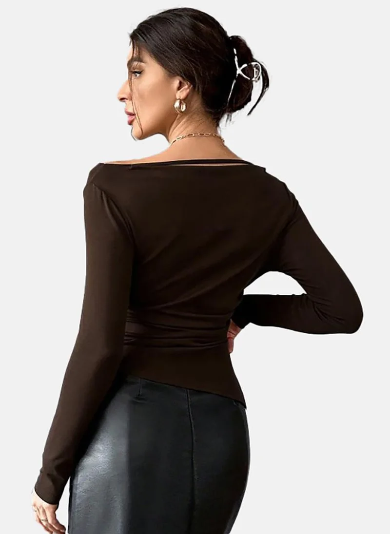 YUNIQEE Brown Solid Slim Fit Long Sleeve Top