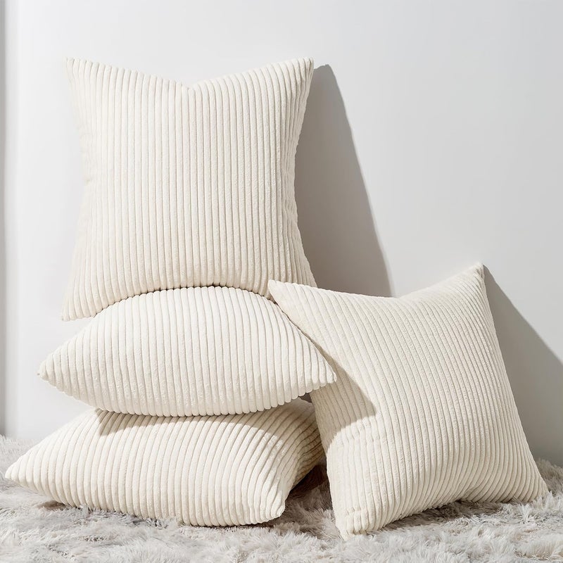 غطاء وسادة ، مقاس 45 × 45 سم، بلون أخضر داكن، مجموعة من 4 قطع، بنسيج الكوردوروي، مناسب للأريكة، غرفة النوم، البالكوني، بتصميم مخطط. - Image 1