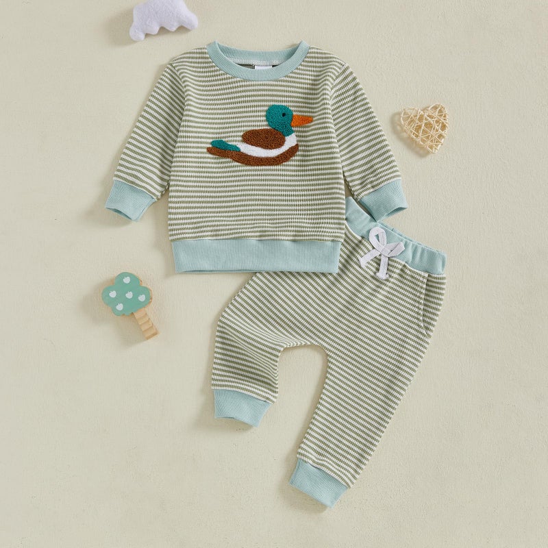 fhutpw Baby Toddler Boy Girl Fall Winter Clothes Embroidery Stripe Pullover Pants Sets Infant Long Sleeve Sweatshirt Outfits (Green Duck, 12-18 Months) - Image 3