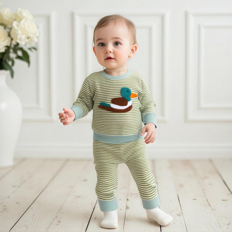 fhutpw Baby Toddler Boy Girl Fall Winter Clothes Embroidery Stripe Pullover Pants Sets Infant Long Sleeve Sweatshirt Outfits (Green Duck, 12-18 Months) - Image 2