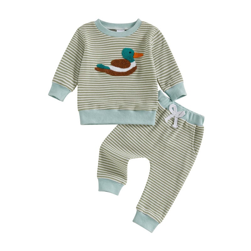 fhutpw Baby Toddler Boy Girl Fall Winter Clothes Embroidery Stripe Pullover Pants Sets Infant Long Sleeve Sweatshirt Outfits (Green Duck, 12-18 Months) - Image 1
