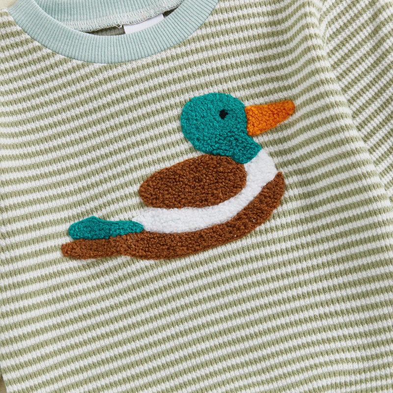 fhutpw Baby Toddler Boy Girl Fall Winter Clothes Embroidery Stripe Pullover Pants Sets Infant Long Sleeve Sweatshirt Outfits (Green Duck, 12-18 Months) - Image 5